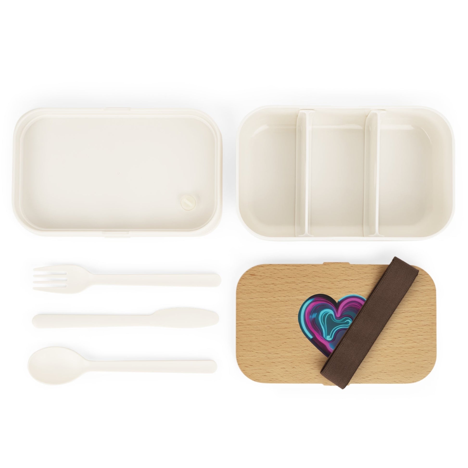 This image showcases the compartments. There are two moveable compartments dividers. One is loose and the other is stable. It is BPS free. An elastic band and cutlery included. There is only one size. The measurements are 7.72 inches for the width. The height is 4.72 inches. The depth is 2.36 inches.