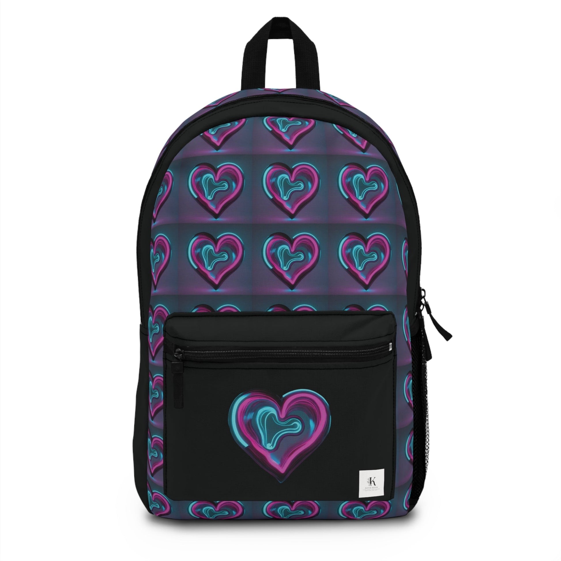 This backpack has multiple neon purple, turquoise hearts. The front pocket for pencils or pens is black with a medium size neon light