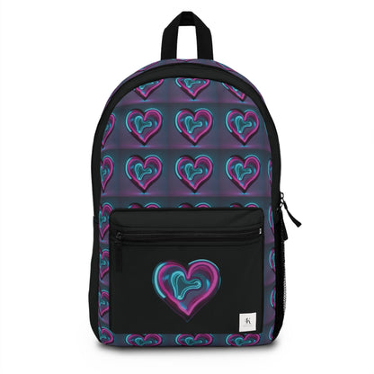 This backpack has multiple neon purple, turquoise hearts. The front pocket for pencils or pens is black with a medium size neon light