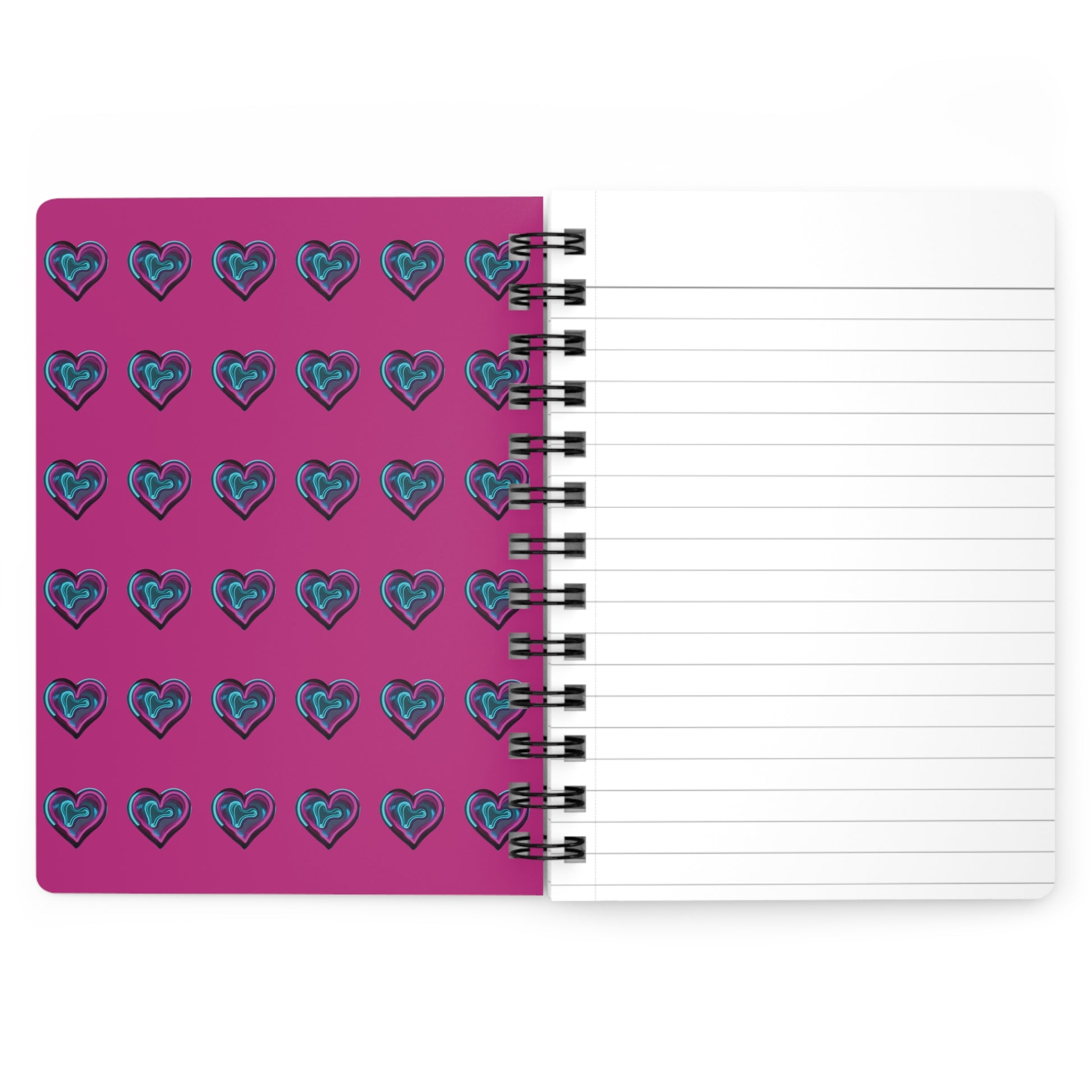 A spiral notebook with interior view. The inside of the cover has a Fuchsia background and the same neon hearts as the front cover, However the hearts are small and aligned in column and row.