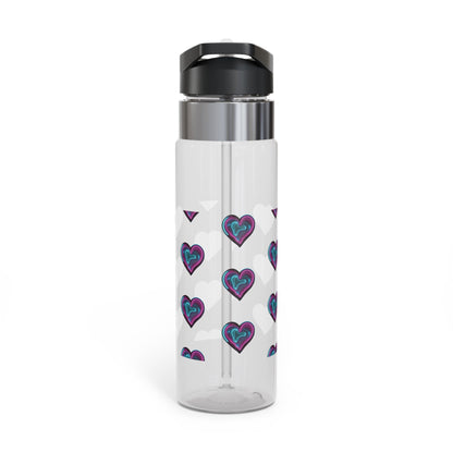 The Tritan™️sports water bottle is shatter, stain and odor resistant. It matches this set with small neon purple and turquoise hearts. The bottle is clear . IT’s BPA free made with robust Tritan ™️ material. Small hook to attach to the backpack. Accident free experience with the screw on, spill resistant lid and straw.